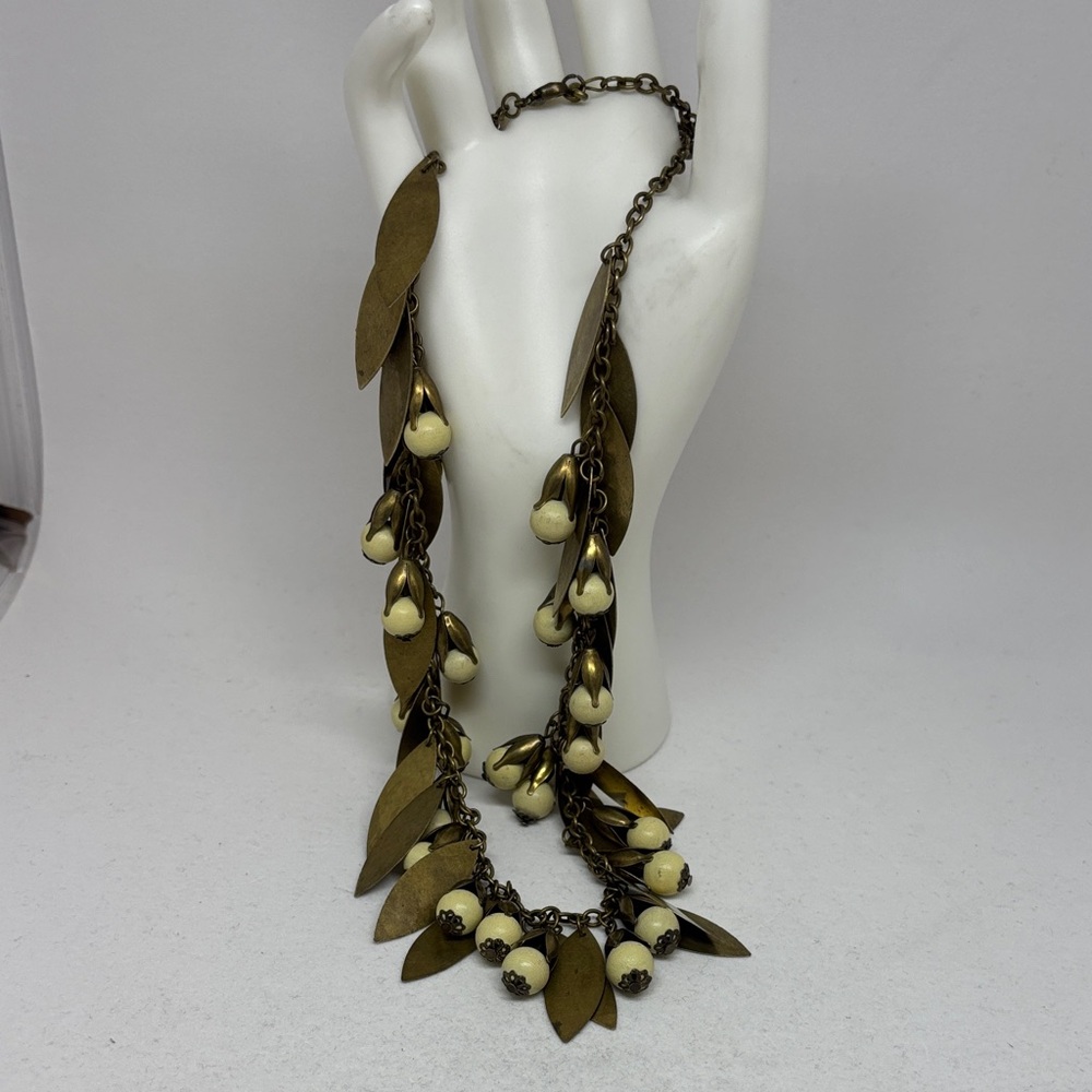 Elegant Brass Plated Leaf and Bead Necklace